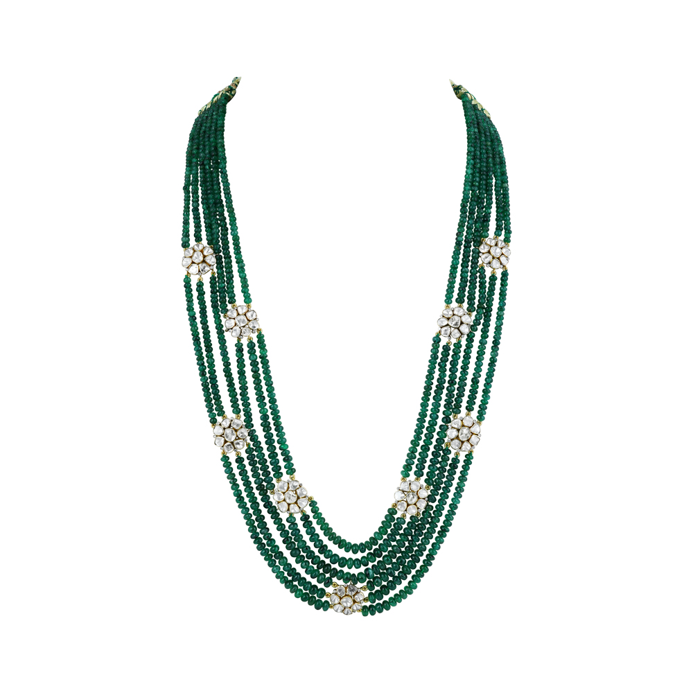 Layered Emerald Bead Necklace with Polki Floral Clusters